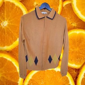 Vintage Gino Barozzi  Orange with Diamond Design Collared‎ Blouse Size Medium